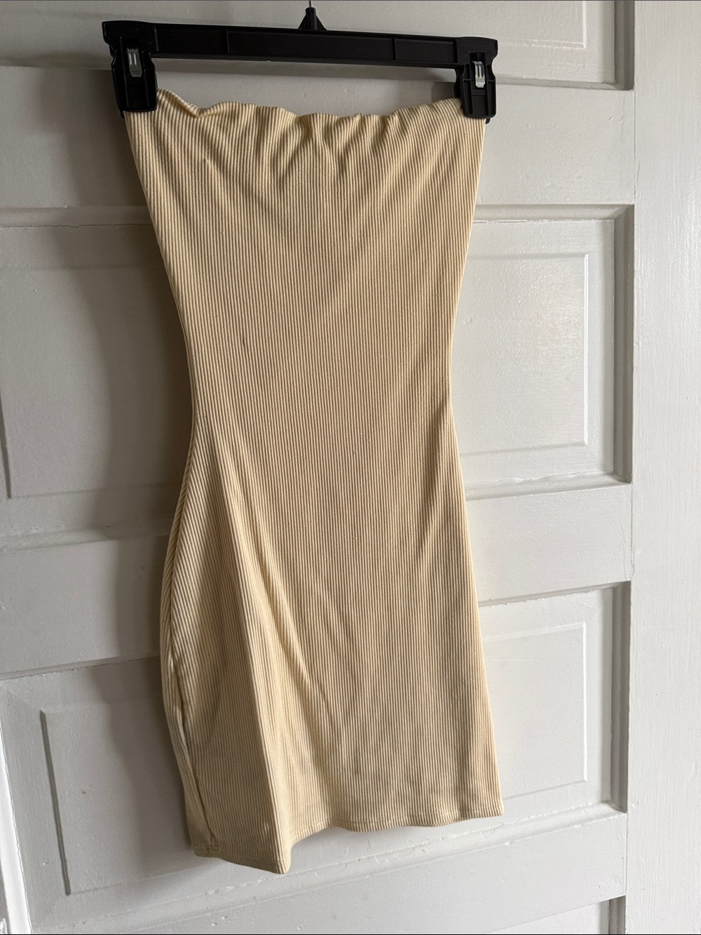 Windsor Strapless Ribbed Mini Dress in Beige